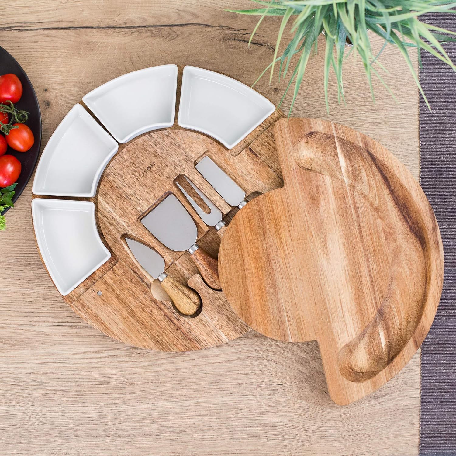 ChefSofi Charcuterie Board Set and Cheese Serving Platter - Made from Acacia Wood - US Patented 13 inch Cheese Board and Knife Set for Entertaining and Serving - 4 Knives and 4 Bowls 13" Acacia