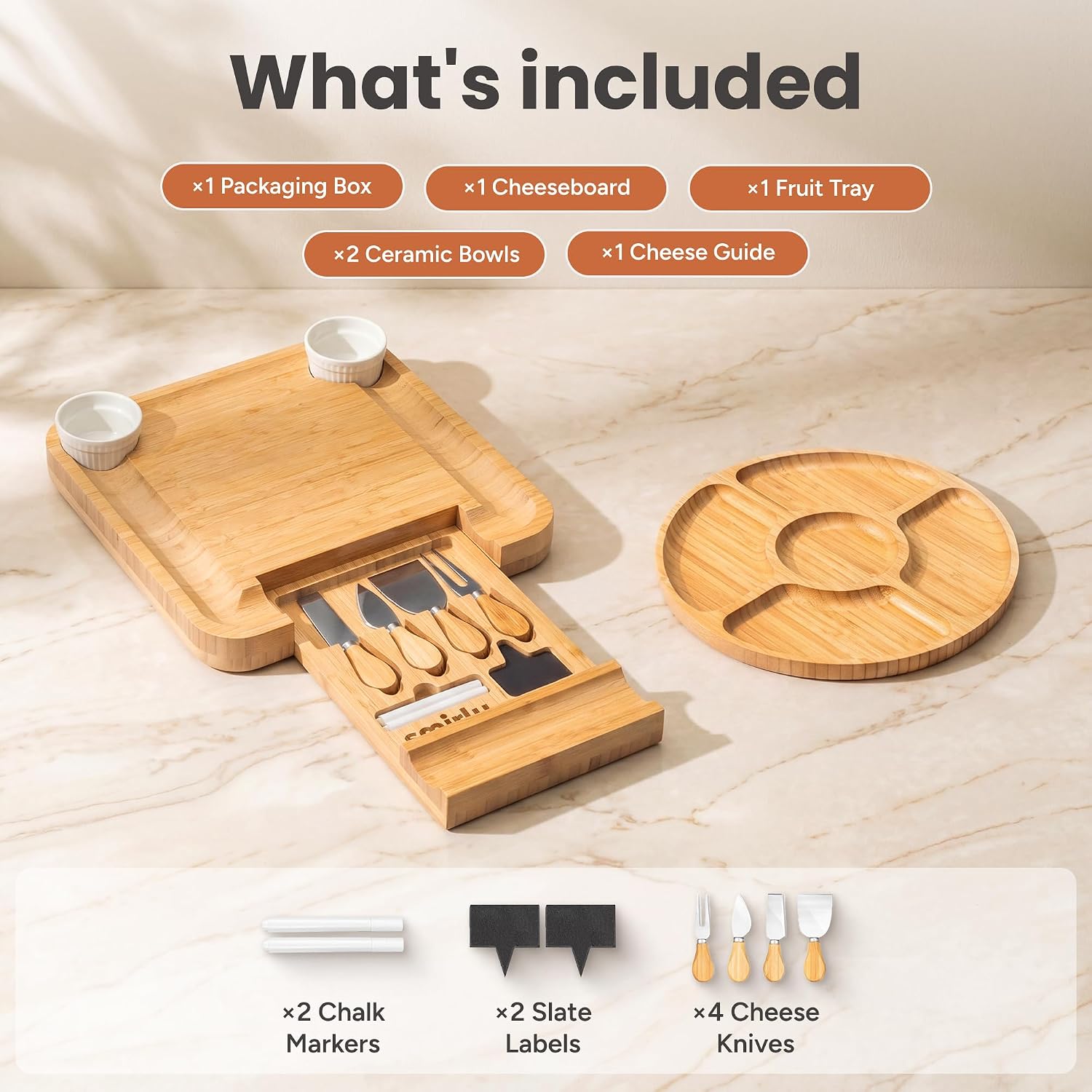 SMIRLY Charcuterie Large Bamboo Cheese Board Set for Serving
